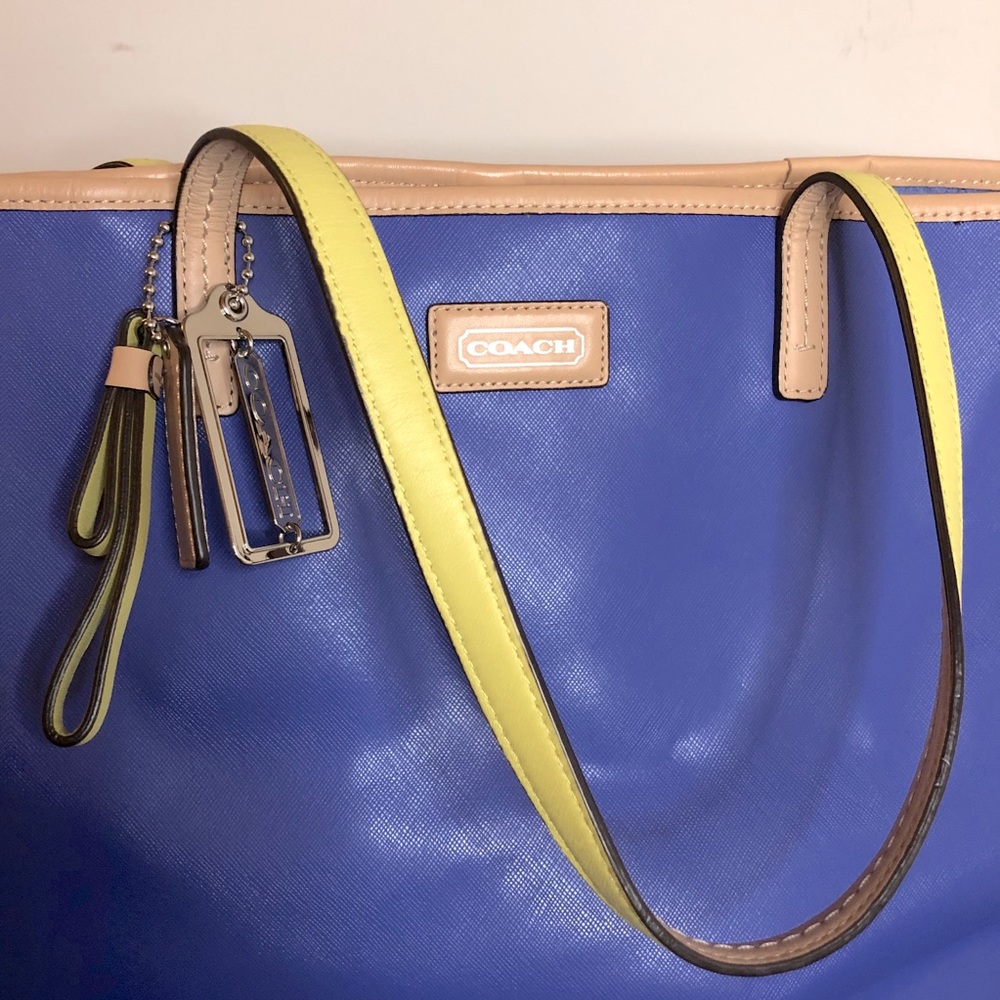 Coach Blue & Yellow Leather Tote Bag - Picture 2 of 13